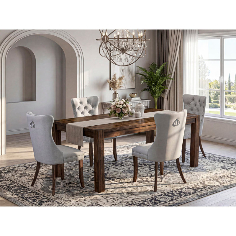 0A0F2E042157483DA827862F02DA5C53 Ensemble de table de cuisine 5 pièces composé d'une table de salle à manger rectangulaire en bois rustique et de 4 chaises, Jacobean patiné