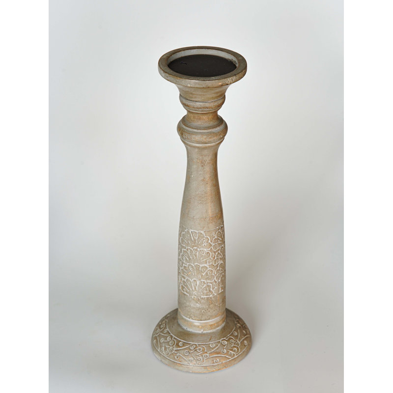 Gray Wash 15'' Handmade Mango Wood Pillar Candle Holder