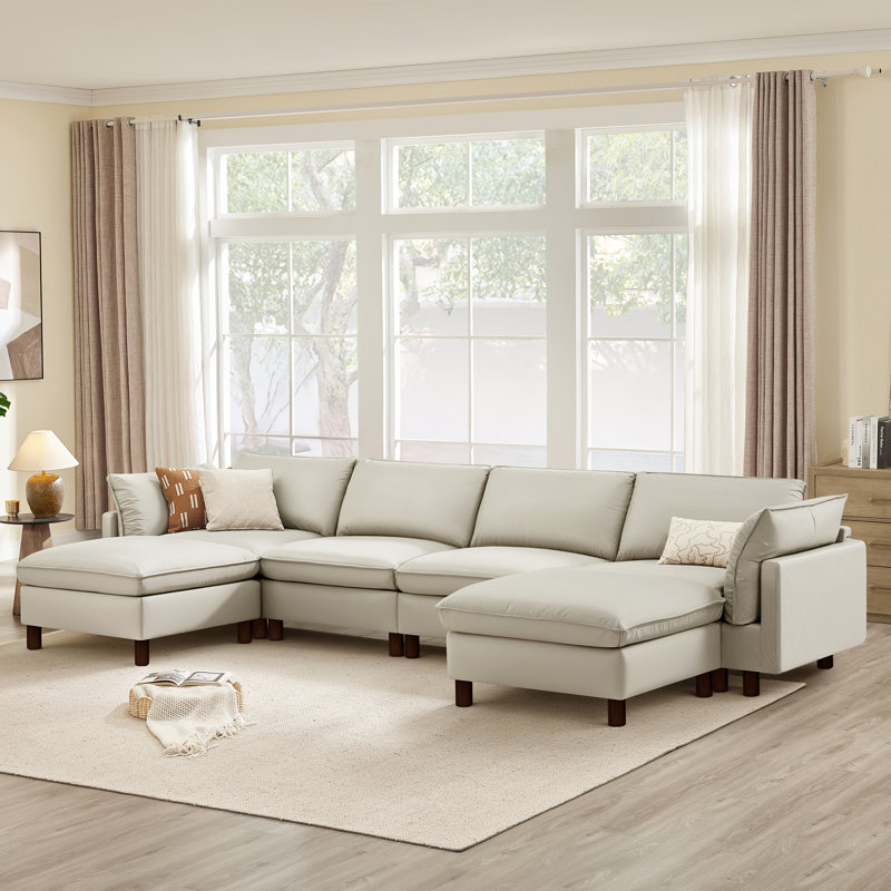 Canapé modulaire en cuir fleur 6 pièces Solena, Gris clair
