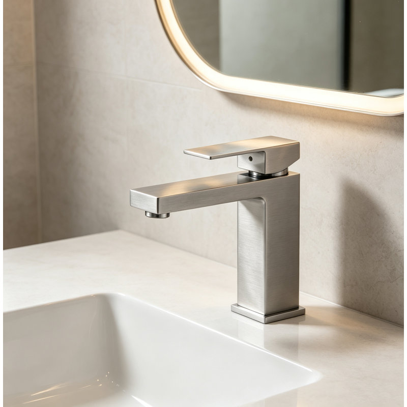 Single Handle Square Bathroom Sink Faucet, One Hole Deck Mount Basin Faucet with Ceramic Cartridge for Bathroom Vanity
