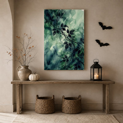 Vines épineuses foncées sur fond aquarelle vert turquoise, toile murale d'Halloween