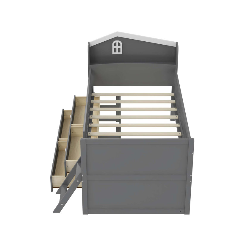 Cadre de lit avec rangement à 4 tiroirs, cadre de lit en bois, lit plateforme avec tête de garde-corps et échelle, aucun sommier requis, assemblage facile