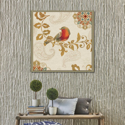 «Bird Rainbow Red», reproduction d'aquarelle encadrée sur toile tendue beige