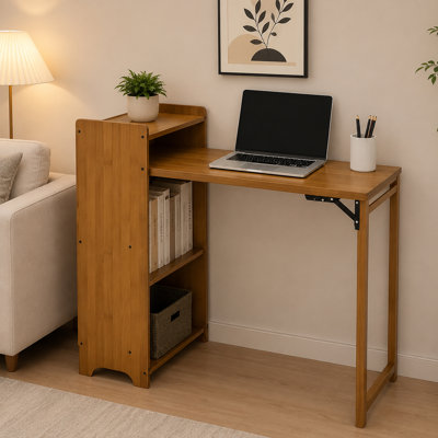 Bamboo Foldable Computer Desk with Hidden Storage Cabinet