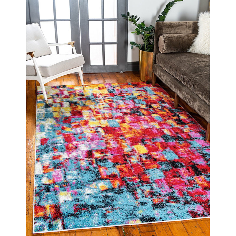Tapis bleu / rose à motif géométrique Tanguay, Rectangle 9 pi x 12 pi