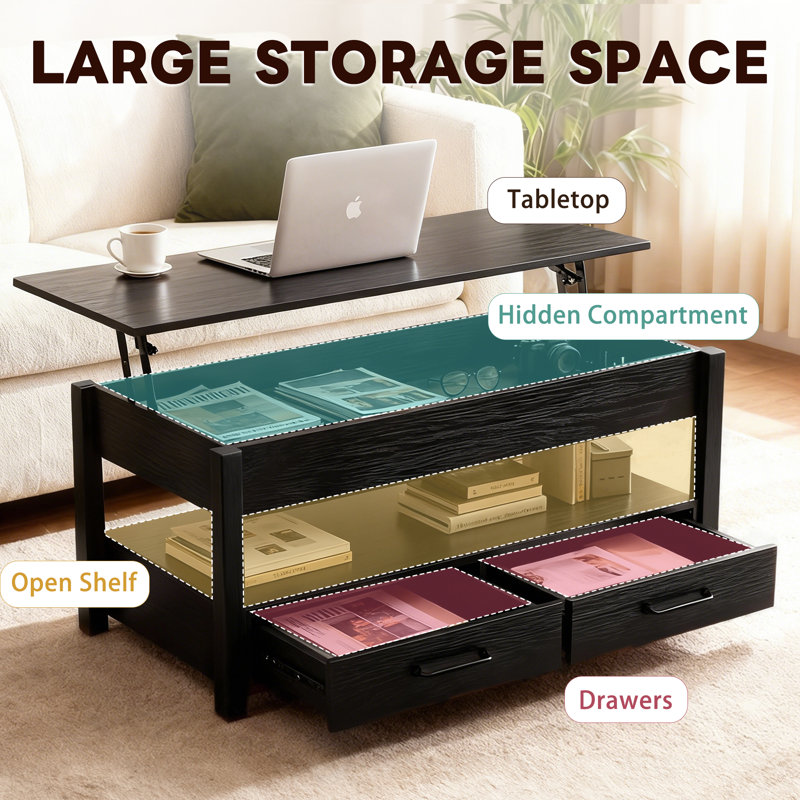 Table basse à plateau relevable avec tiroirs et compartiment caché, Noir