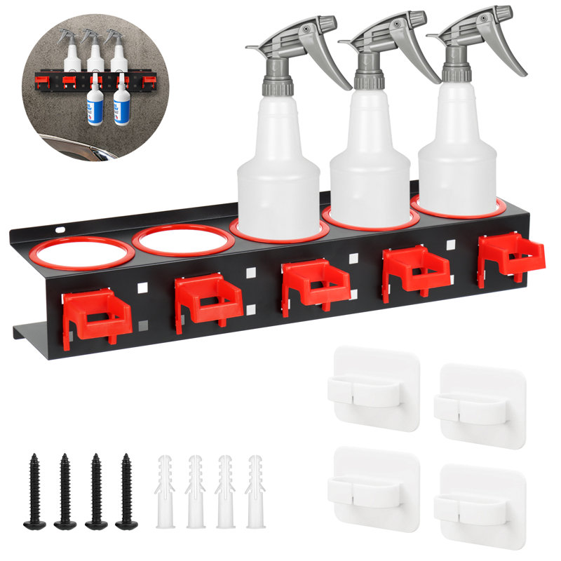 Porte-vaporisateur mural - Support en acier robuste avec 5 trous et 9 crochets (5 rouges + 4 blancs) pour l'organisation d'outils de garage, d'atelier et de jardin