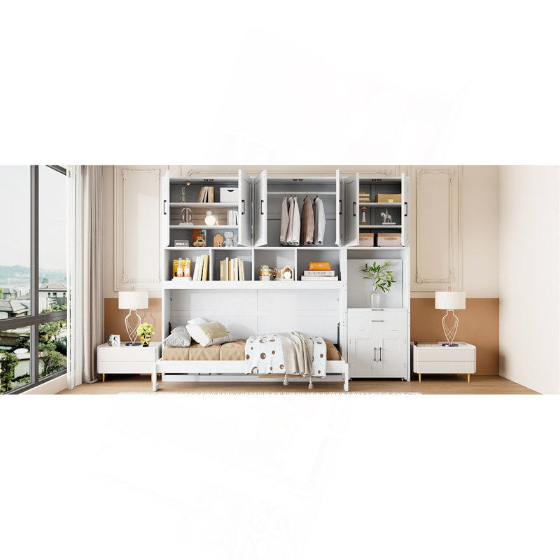 Lit escamotable mural simple avec placard, tiroirs et bureau - blanc