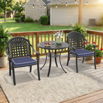 30.71" Round Dining Table with Umbrella Hole & 2 Stackable with Blue Cushions, 3- Piece Bistro Set