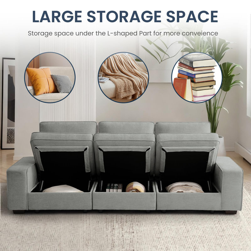 Avanthika 101" Modular Storage Sofa with Usb Ports for Living Room, Light Gray