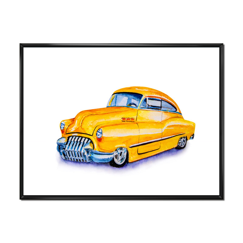 Voiture rétro jaune - peinture sur toile, H 25 po x l 33 po, Cadre noir
