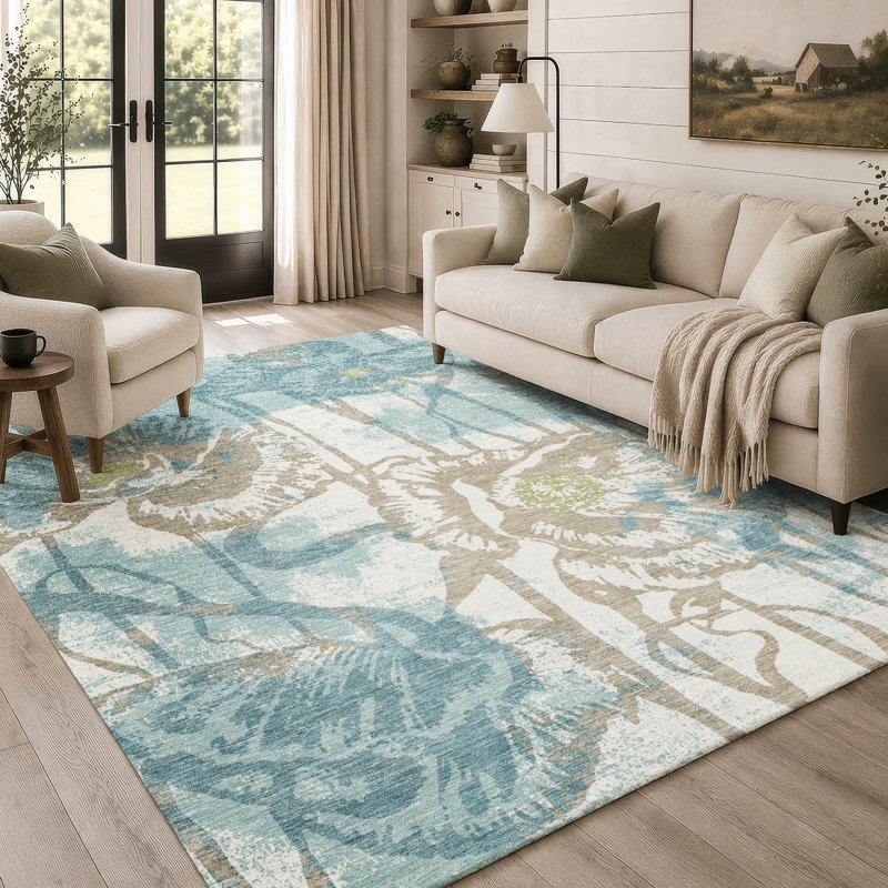 Machine Washable Indoor/Outdoor Chantille ACN2894 Floral Rug, Teal, 9' x 12'