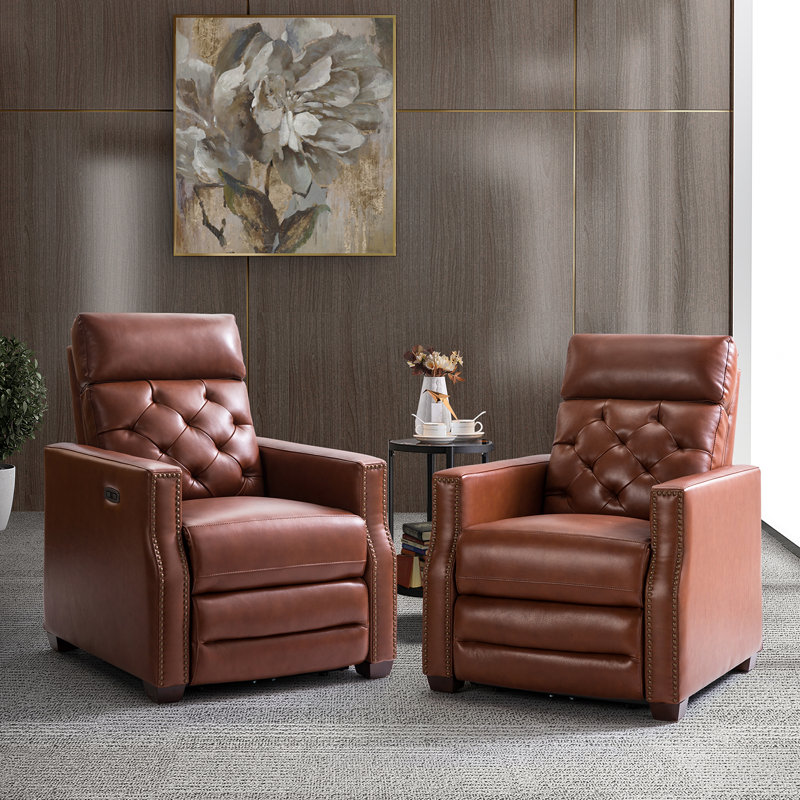 Gumesindo 31.50" Wide Genuine Leather Power Recliner, Brown Genuine Leather