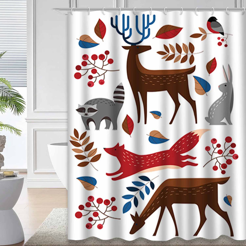 Rideau de douche avec 12 crochets Forest Forest Raccoon Deer, L 72 po x l 72 po