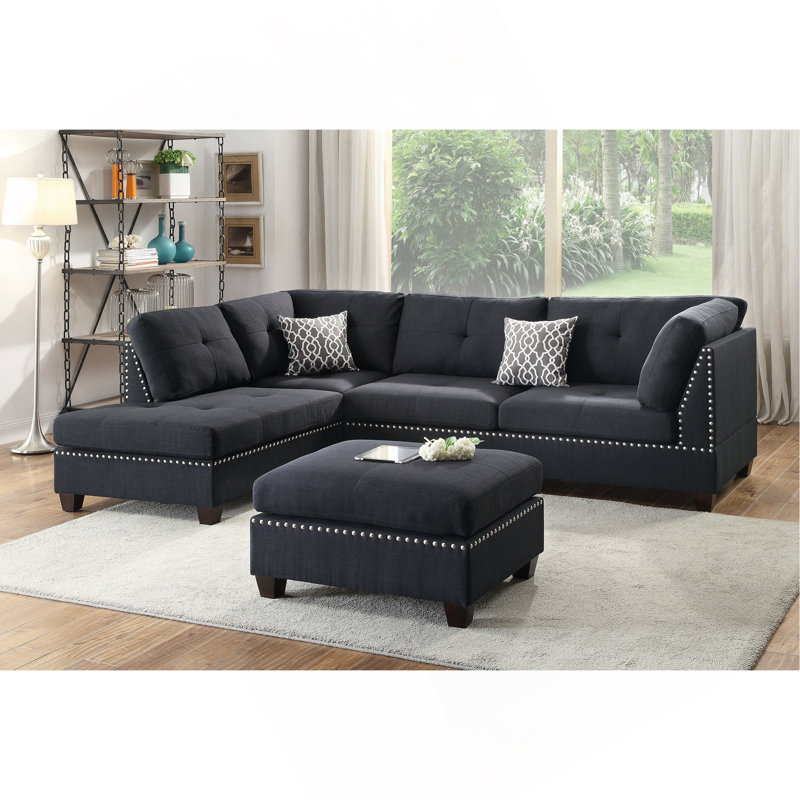 3 pièces Canapé modulaire en polyfibre noir avec méridienne réversible