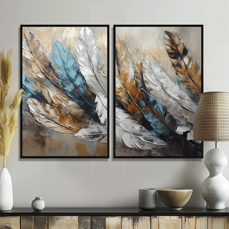 «Gold Feather Extravaganza II», art mural moderne doré, 36" H x 48" W, Impression encadrée flottante, Black