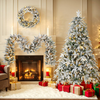Couronne de Noël enneigée avec guirlande de Noël et sapin de Noël, 3 décorations de Noël enneigées avec lumières DEL chaudes, guirlande de 9 pi, couronne de Noël, arbre de Noël de 6 pi