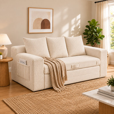 3‑in‑1 Convertible 3‑Seater Boneless Corduroy Futon Sleeper Sofa Bed, Pull‑Out Couch with Side Pockets, Handle and 3 Pillows for Small‑Space Living Rooms & Bedrooms, No Assembly Required