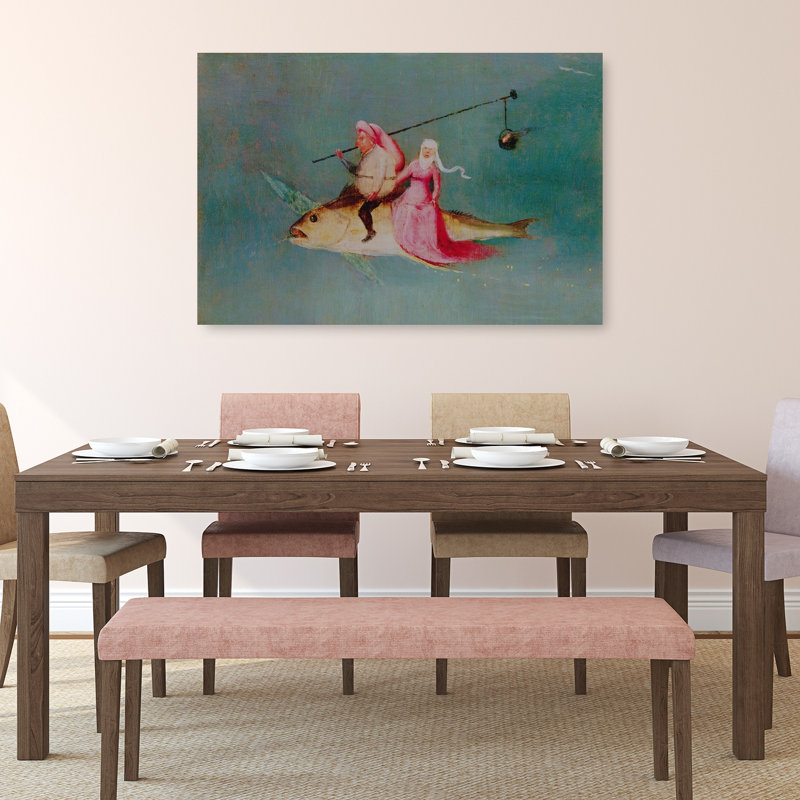 The Temptation Of St. Anthony, Right Hand Panel, Detail Of A Couple Riding A Fish Classic Surreal Contemporary Fish Spring Wall Art Print by Hieronymus Bosch - Wrapped Canvas Print