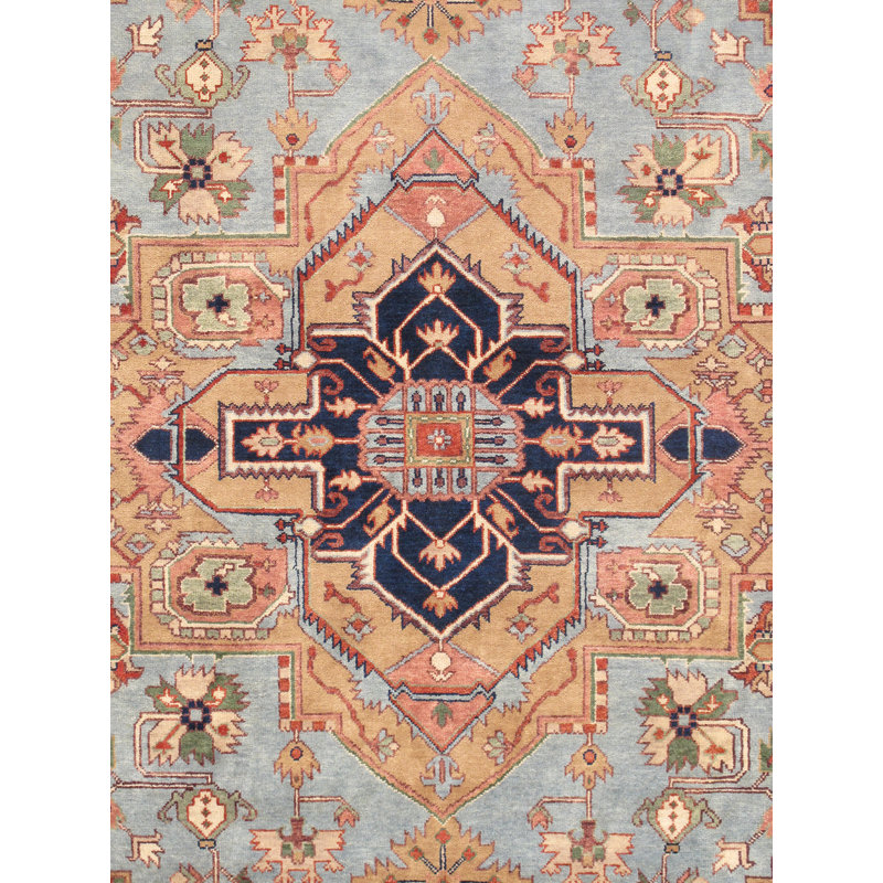 Serapi Hand Knotted Wool Oriental Area Rug, Blue/Ivory/Navy/Yellow, Rectangle 8'11" x 11'10"