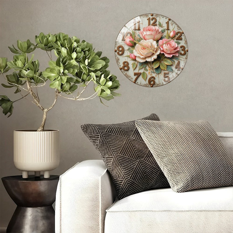 Ornate Clock Face Adorned with Roses Art - 12'' Modern Glass Wall Clock