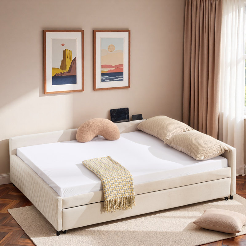 Upholstered Daybed With Trundle And Usb, Beige