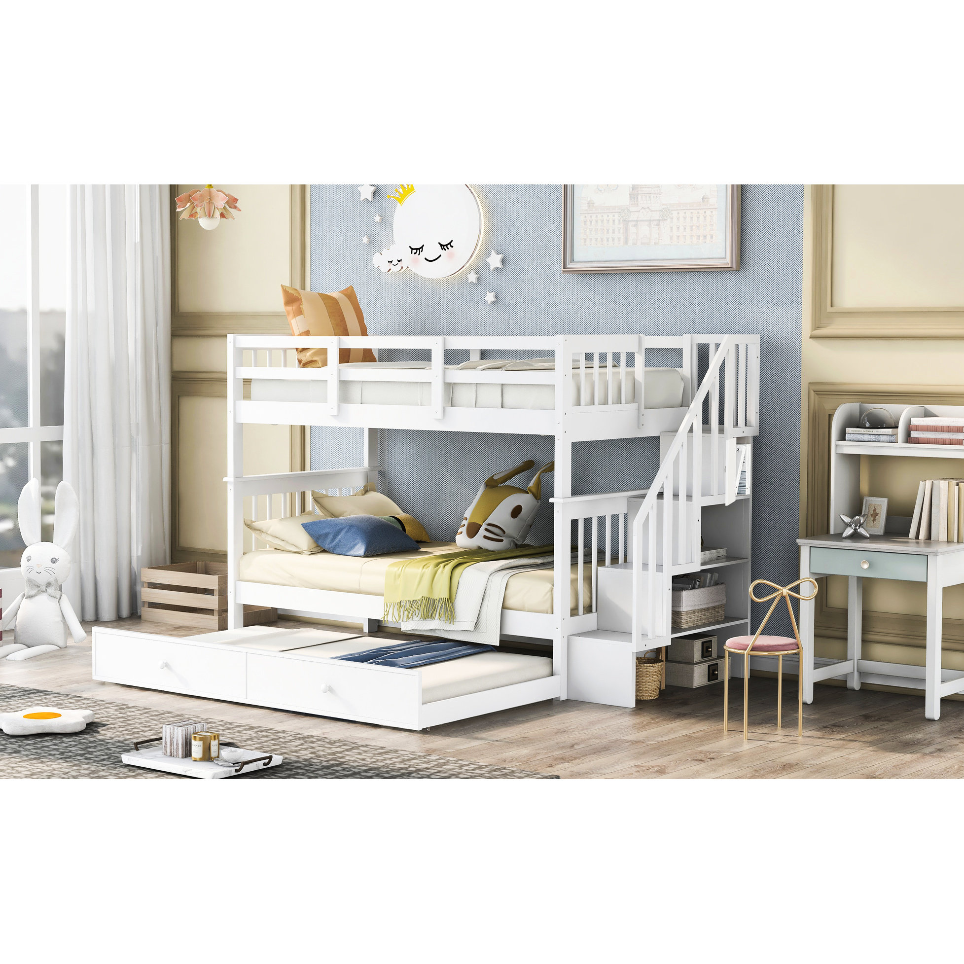 Latitude Run® Twintwin Bunk Bed With Trundle And Book Storage - White ...