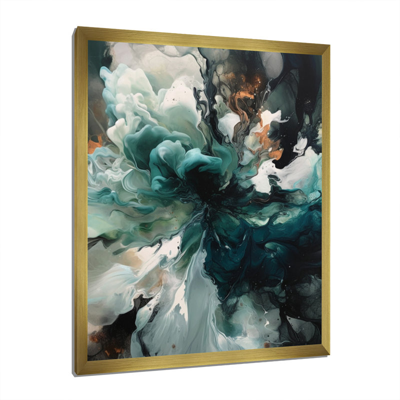 Art encadré sur toile vert et blanc marbré, H 20 po x l 12 po x P 1 po, Encadrement doré