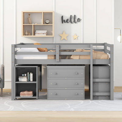 Lit mezzanine bas 3 tiroirs Anne avec commode, bureau et tablettes par Three Posts Baby & Kids
