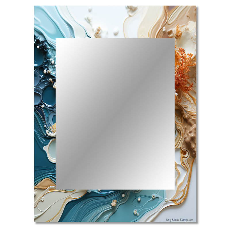 Encre liquide bleue et blanche Geyser I - formes abstraites, miroir décoratif bleu, impression sur métal, 40 po x 30 po