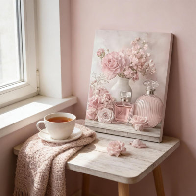 Pink Rose Perfume Canvas Wall Art,French Elegant Flower Painting Picture Wall Decor,Fashion Women Poster Print Artwork,for Bedroom Locker Room Living Room Home Decoration 16x24inch