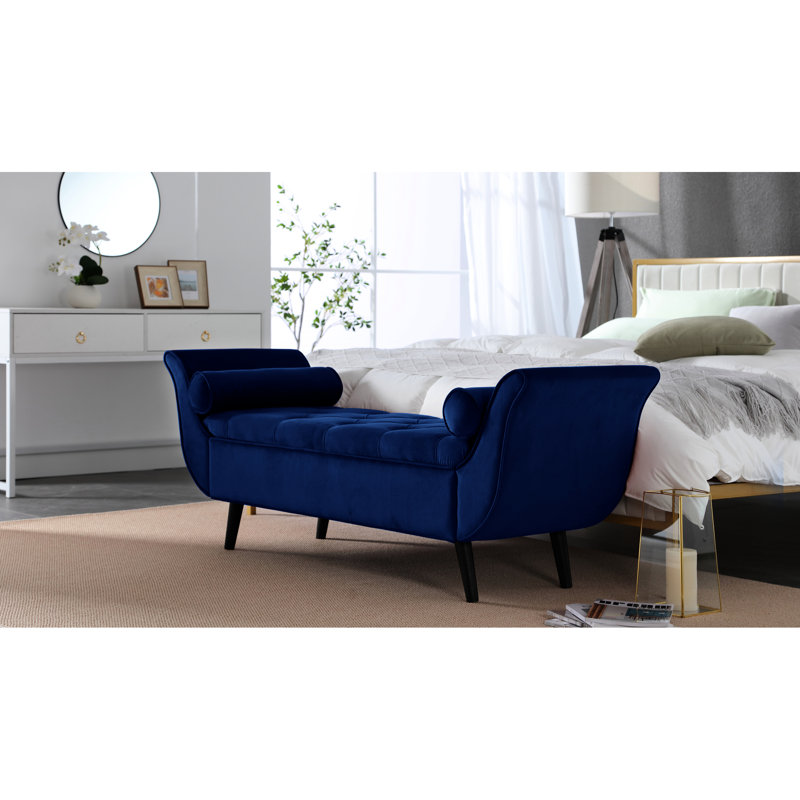 Modern 65-Inch Bench, Velvet Finish, Living Room Entryway Feature Decor Item Hall Tree Design Upholstered, Bedroom, Navy