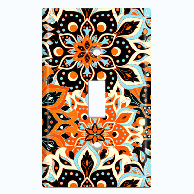 Teal Orange Mandala Flowers Tile Patterned 1 - Gang Toggle Light Switch Standard Wall Plate