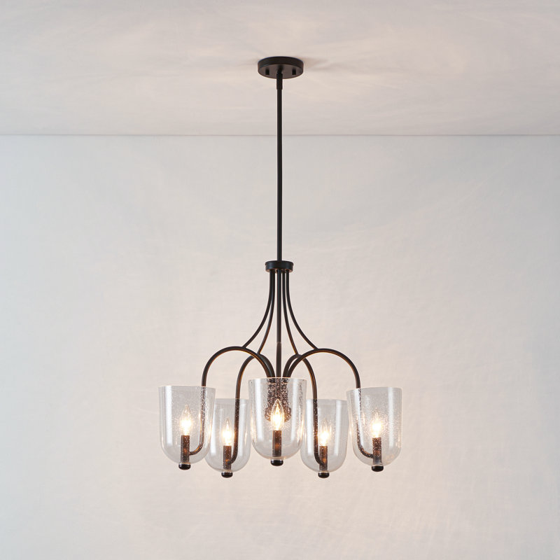 5-Light Black Chandelier with Seeded Glass Shades
