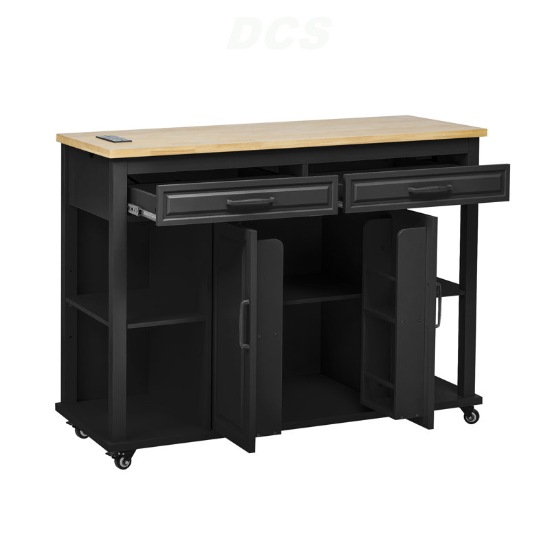 47 Inch Kitchen Island With Extendable Dining Table, Rubber Wood Veneer Kitchen Table With Internal Storage Rack, Power Outlet, Kitchen Island With Storage 2 Drawers 2 Cabinet, Black, Kitchen Island