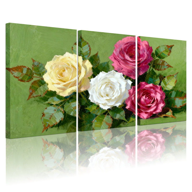 Roses roses en pleine floraison sur fond vert, ensemble de 3 reproductions d'art sur toile, H 30 po x l 60 po
