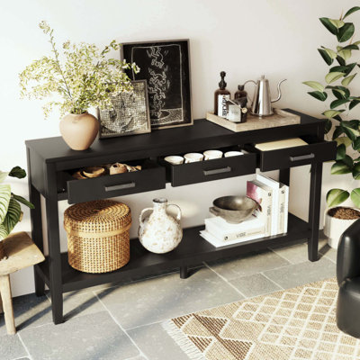 Farmhouse Entryway Table With 3 Drawers, Painted Console Table With Bottom Shelf & Iron Handles, Minimalist Sofa Table For Living Room, Hallway, Kitchen, Bedroom, Office