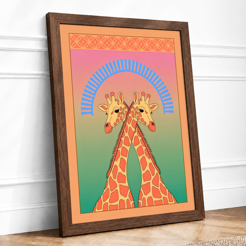 Paired Giraffes Modern - Framed Print, A2 - 59.4 x 42.0 cm, Walnut