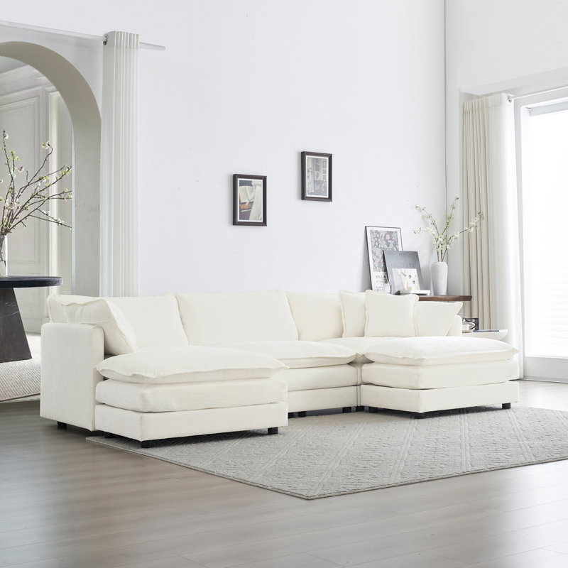Canapé modulaire en U avec repose-pieds réversible, Chenille blanche