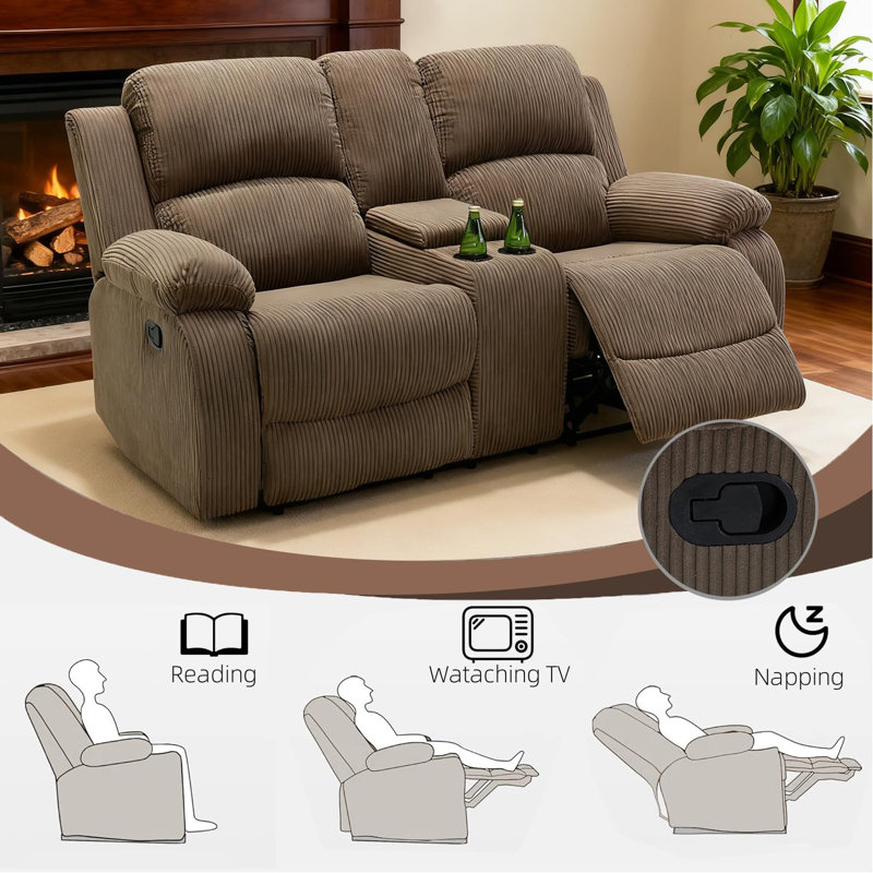 69" Manual Recliner Loveseat With Cup Holders &  Storage, Tan