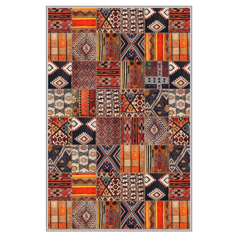 Tapis rouge / orange / brun en polyester tissé à la machine Ivana, Rectangle 3'3" x 4'11"