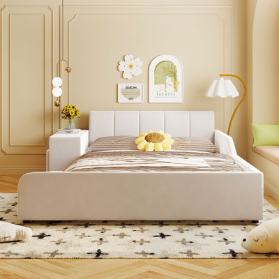 Upholstered Grounded Bed, Mother & Child Bed With Bedside Desk And Little Round Stool, Velvet