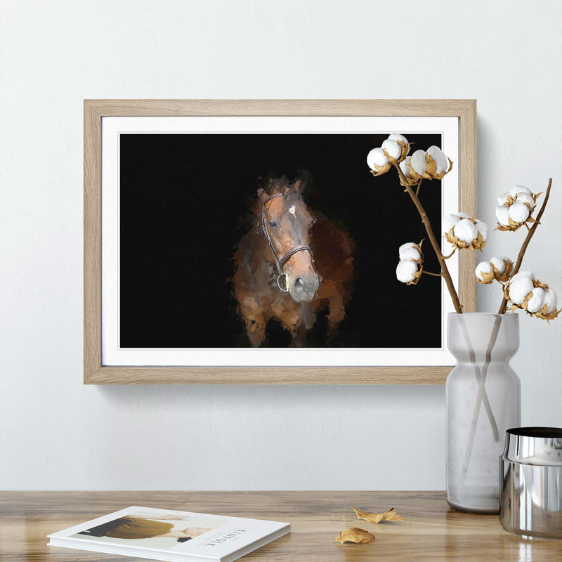 Brown Horse in the Shadows in Abstract - Picture Frame Painting Print, 62cm H x 87cm W x 2cm D, Oak Framed
