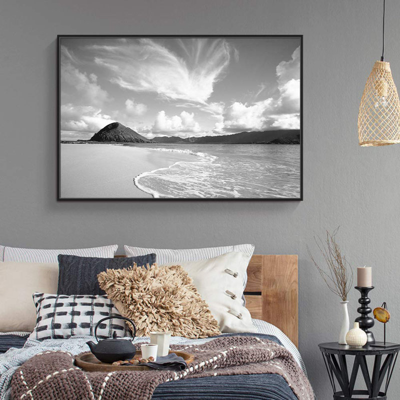 Noir et blanc plage côtière nautique, impressions sur toile pour salon, chambre à coucher, décor H01, Cadre flottant noir
