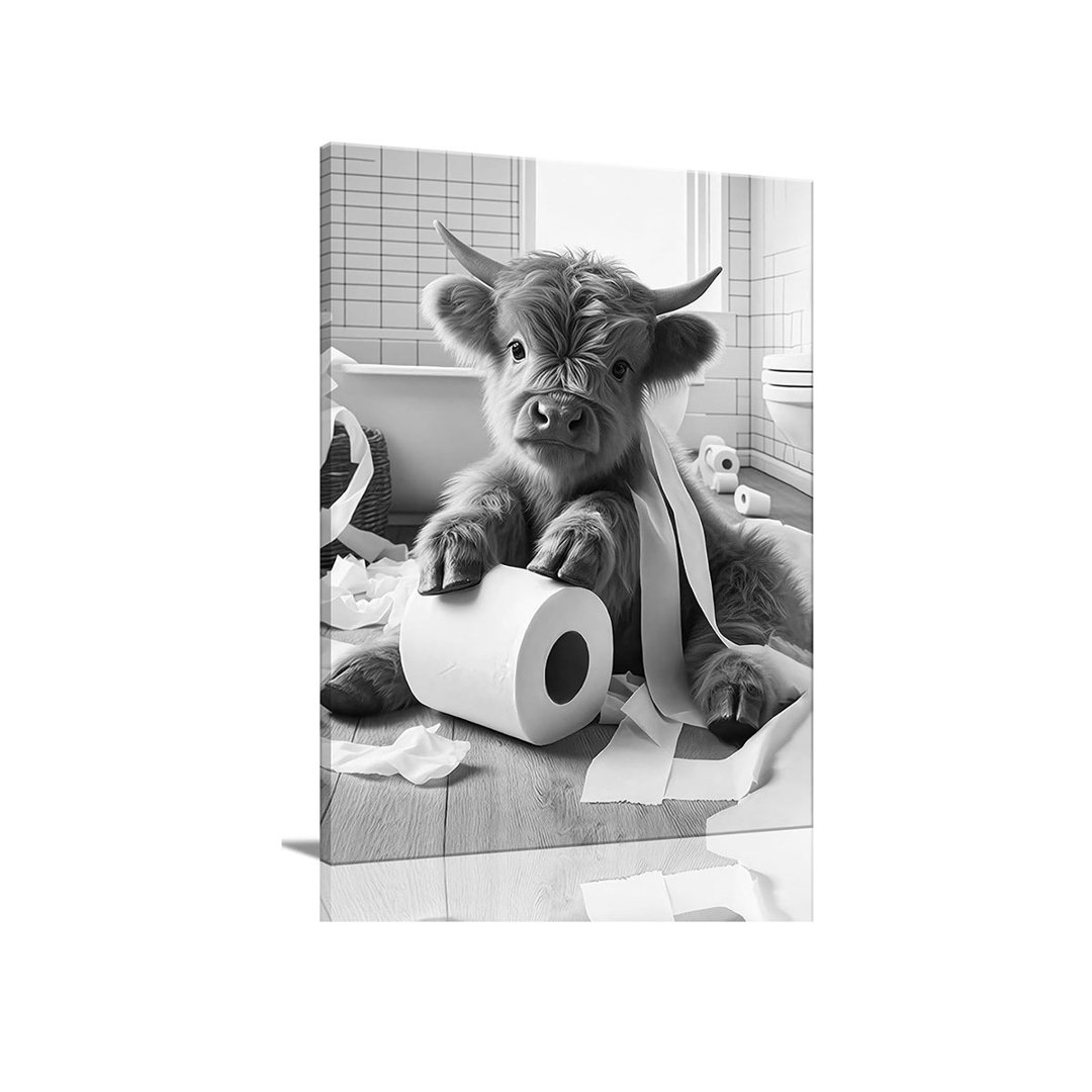 Funny Bathroom Framed Wall Art Black And White Animal Canvas Wall Art Prints Highland Cow And Paper Pictures Wall Decor Modern Minimalist Humorous Art