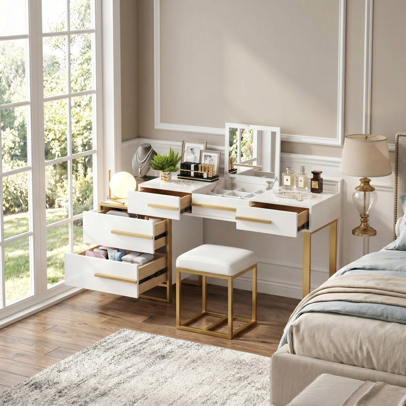 Meuble-lavabo moderne 47 "avec miroir rabattable, Blanc / Doré