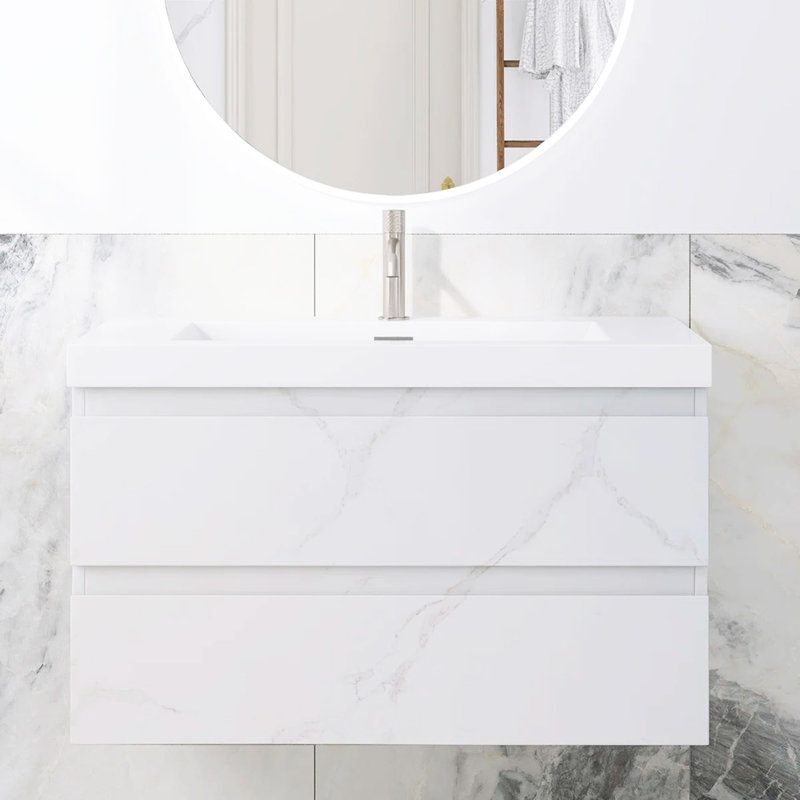 Meuble-lavabo mural simple 36 po avec lavabo en résine, Carrare blanc