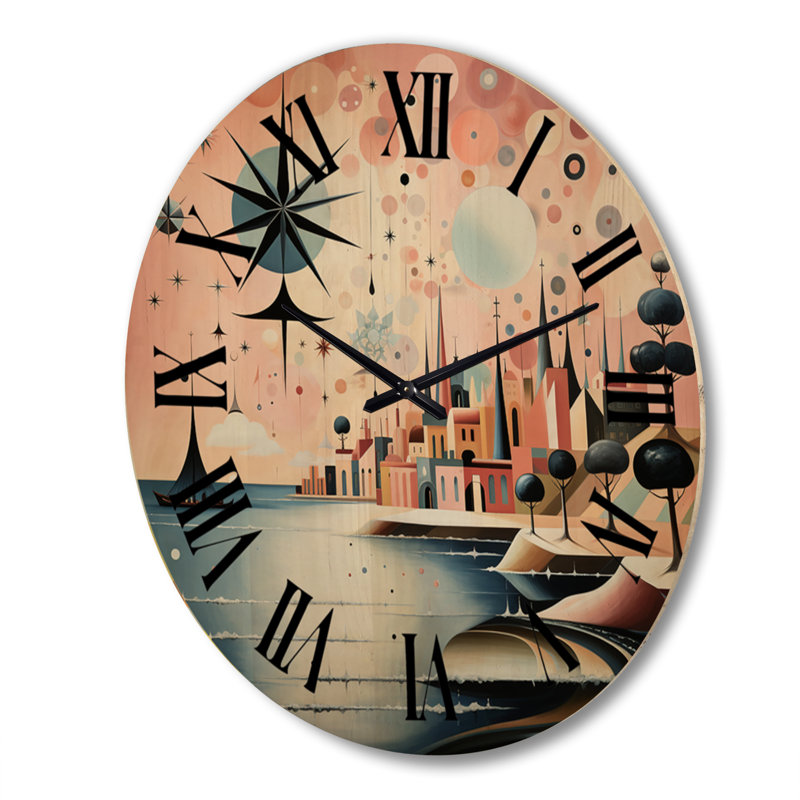 Vintage City In Retro Pastel Palette - Abstract Landscape Oversized Wood Wall Clock, Très grand