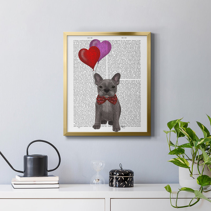 Bouledogue français et ballons sur toile de qualité supérieure - prêts à être accrochés, Or, H 24 po x l 20 po