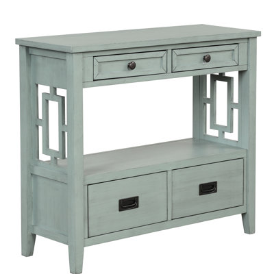 36'' Console Table. Retro Blue, Solid Pine. 4 Drawers & 1 Shelf For Living Room Storage Solution Table With Shelf. Pine Wood, Blue. For Hallway